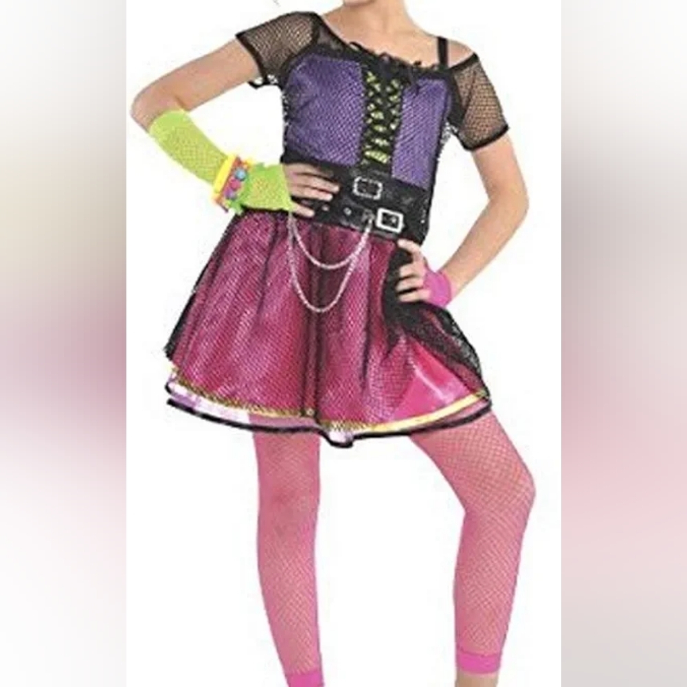 Amscan Girls 80s Punk Rock Costume Dress Fishnet Purple Pink Belted Halloween OS - Picture 2 of 9